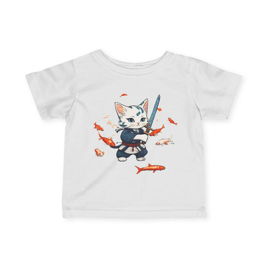 Samurai Kitten Infant Gift Shirt, Warrior Cat Japanese Koi Fish Tee, Cute Kitty Floating Mystical Fish Short Sleeve Baby Tshirt