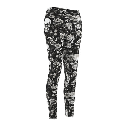 Women's Goth Skull and Roses Casual Leggings, Flowers and Bones Pattern Elastic Bottoms, Tight Macabre Bone Skeleton Pants