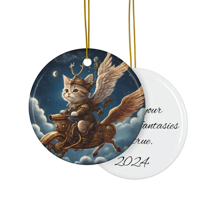 PERSONALIZED Flying Fantasy Christmas Steampunk Winged Cat Ceramic Ornament