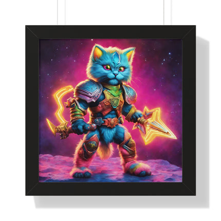 COSMIC WARRIOR CAT - Rainbow Neon Armor Kitten Framed Wall Art