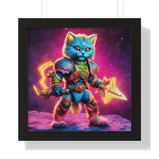 Wall Decor | Warrior Cat Framed Poster | Cosmic Rainbow Neon Weapon Armor Kitten | Bedroom, Work or Home Office Wall Art Picture | Kid Gift