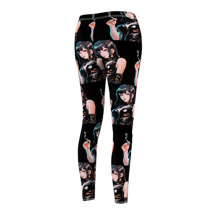 Cigarette Smoking Anime Girl Leggings, Black Tight Leather Outfit Sexy Cute Elastic Pants, Japan Cartoon Secret Agent Style Womens Bottoms