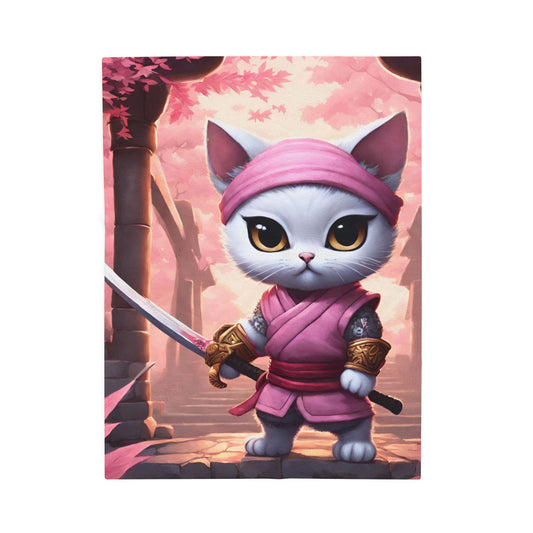 Samurai Warrior Cat Blanket, Sword Blade Kitten Warm Couch Throw Blanket, Pink Japanese Maple Tree Bed Cover, Bedroom Plush Sheet