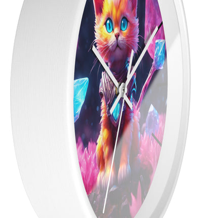COSMIC CRYSTAL GUARDIAN CAT Wall Clock - Fantasy Feline Galaxy Decor