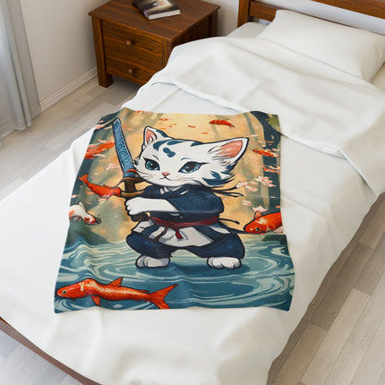 SAMURAI WARRIOR CAT Blanket - Floating Koi Sword Kitten Ninja Feline Couch Throw
