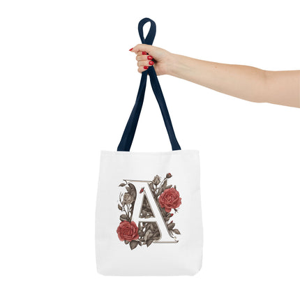Custom Letter Personalized Tote | Rose Flowered Grocery Travel Bag | Floral Print Roses Office Laptop & Books or Exercise Overnight Carrier