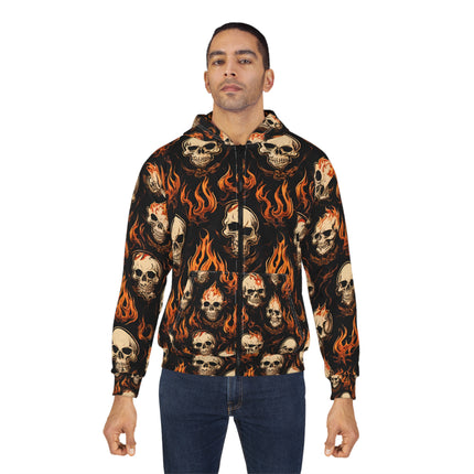 Fire Flames and Skulls Mens or Womens Jacket Hoodie, Hellish Skeletons Biker or Motorcyclist Winter Fleece (AOP)