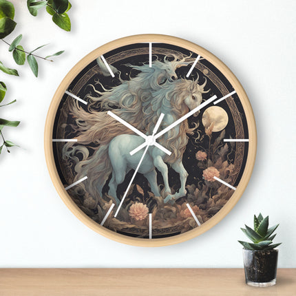 Majestic Myths Art Clock | Floral Flower Night Field Horned Horse Wall Hanging | Mystical Moon Fantasy Home Office Decor Gift