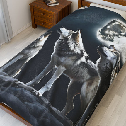 Moon Wolves Blanket | Night Sky Mountain Wolf Pack Bed Throw | Starry Dark Full Lunar Gift | Wooded Wild Dogs Bedroom Light Warm Comforter