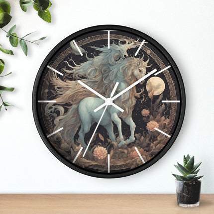 Majestic Myths Art Clock | Floral Flower Night Field Horned Horse Wall Hanging | Mystical Moon Fantasy Home Office Decor Gift