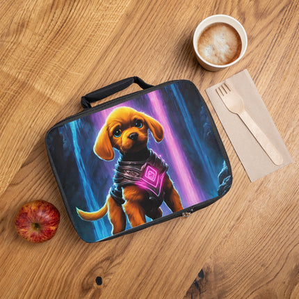 Neon Puppy Warrior Lunch Bag Box, Boys and Girls Glowing Waterfall Cavern School Tote, Armored Cosmic Dog Cave Canine Insulated Bag