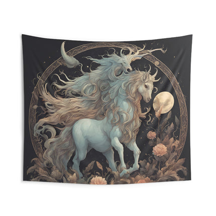 Majestic Myths Wall Art Decor | Horned Lion Mane Horse Tapestry | Flower Night Moon Fantasy Game Room Hanging | Mythological Bed Room Gift