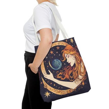 Moon Shaping Goddess Tote | Lunar Stars & Space Astronomy Grocery Bag | Woman Morphing Home Office Laptop Clothing Travel Overnight Gift