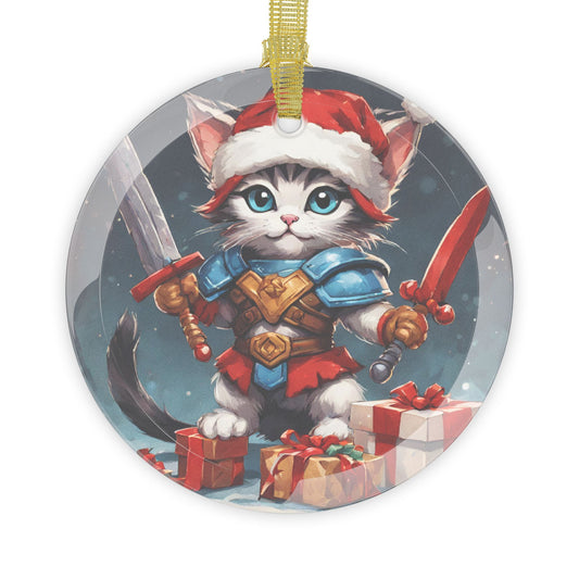 Kitten Christmas Ornament, Holiday Tree Decoration, Adorable Cat Gift, Round Glass Keepsake, KITTEN WARRIOR