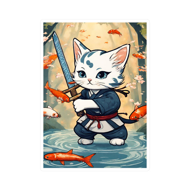 Samurai Warrior Cat Stickers, Floating Koi Fish Sword Kitten Vinyl Decals, Japanese Ninja Feline River Bed Satin Stickers