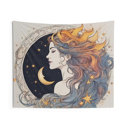 Moon Goddess Wall Decor | Lunar Stars, Space Astronomy Tapestry Gift | Astrology Woman Night Sky Flowing Hair Bed & Sun Room Wall Hanging