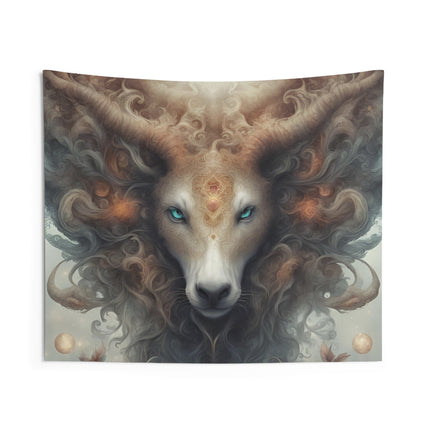 Majestic Myths Wall Art Decor | Blue Eyed Horned Mane Goat Tapestry |  Mystical Fantasy Game Room Hanging | Mythological Bed Room Gift