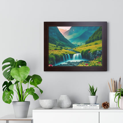 Beautiful Mountain Valley Framed Poster, Waterfall Nature Scene Picture, Flower Blossom Spring Wall Hanging, Flowing River Office Scenery