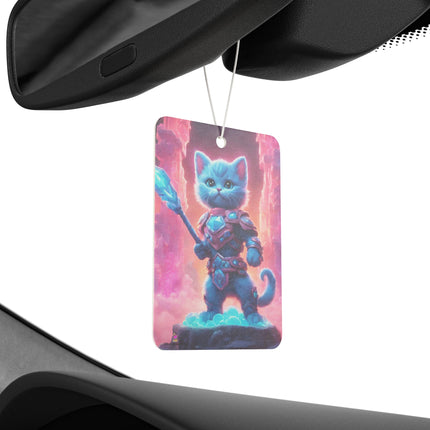Aqua Blue Fur Warrior Cat Car Air Freshener, Crystal Gem Cloud Tower Feline Scented Gift, Armored Cosmic Furry Kitten Truck Auto Accessory