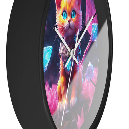 COSMIC CRYSTAL GUARDIAN CAT Wall Clock - Fantasy Feline Galaxy Decor