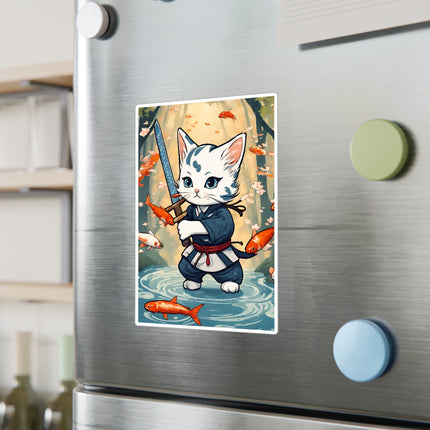 Samurai Warrior Cat Stickers, Floating Koi Fish Sword Kitten Vinyl Decals, Japanese Ninja Feline River Bed Satin Stickers