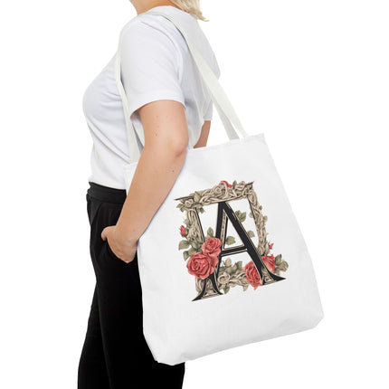 Custom Letter Personalized Tote | Rose Flowered Grocery Travel Bag | Floral Print Roses Office Laptop & Books or Exercise Overnight Carrier