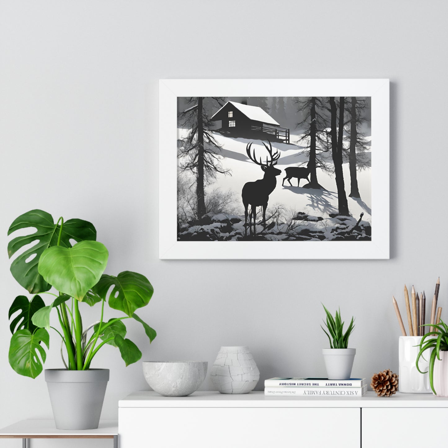 Animal Wall Art, Deer Hunter Picture, Buck Print, Hunting Cabin, Shadow Wall Hanging, Winter Snow Image, Living Room Poster, Framed Art