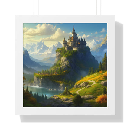 Video Game Fantasy Castle, RPG Valley Framed Poster, Mountain Nature Scene Picture, Open World Style Wall Hanging, Gamer Office Scenery