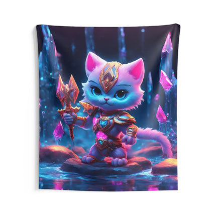 Warrior Cat Crystal Cavern Tapestry, White Armored Kitten Golden Weapon Wall Hanging, Pink Rock Mystical Cave River Graphic Tapestry