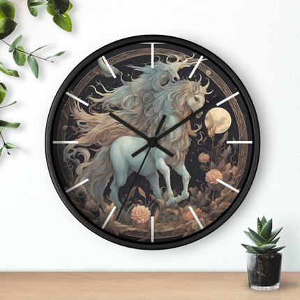 Majestic Myths Art Clock | Floral Flower Night Field Horned Horse Wall Hanging | Mystical Moon Fantasy Home Office Decor Gift