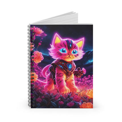 Neon Glowing Warrior Cat Spiral Notebook, Girls Lush Flower School Notepad, Armored Kitten with Sword Spiral Journal
