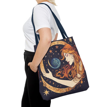 Moon Shaping Goddess Tote | Lunar Stars & Space Astronomy Grocery Bag | Woman Morphing Home Office Laptop Clothing Travel Overnight Gift