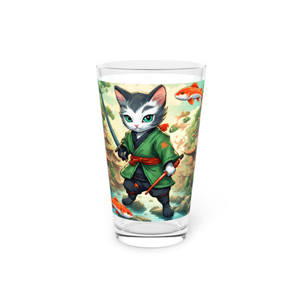 Samurai Warrior Cat Drinking Glass, Japanese Koi Fish Kitten Drink Cup, Sword Blade Ninja Village Pint Glass, 16 oz. Dinnerware