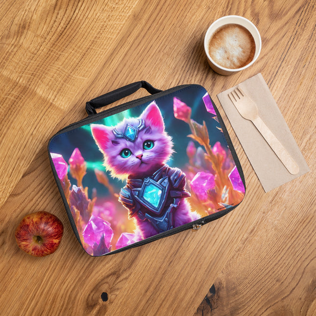 Neon Violet Pink Fur Warrior Cat Lunch Bag Box, Girls Lush Crystal Gem Field Feline School Tote, Armored Cosmic Furry Kitten Insulated Bag