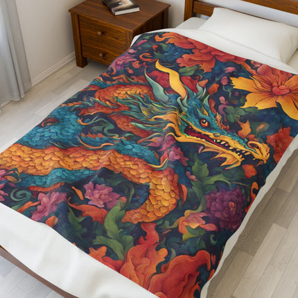 JAPANESE DRAGON FLOWER Blanket - Floral Asian Serpent Art Plush Throw