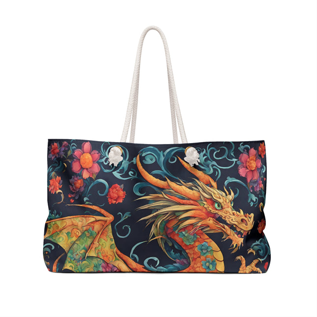 Custom Weekender | Japanese Dragon Travel Bag | Flowered Floral Serpent Japan Style Cruise Airplane & Hotel Road Trip Overnight Carrier