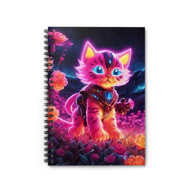 Neon Glowing Warrior Cat Spiral Notebook, Girls Lush Flower School Notepad, Armored Kitten with Sword Spiral Journal