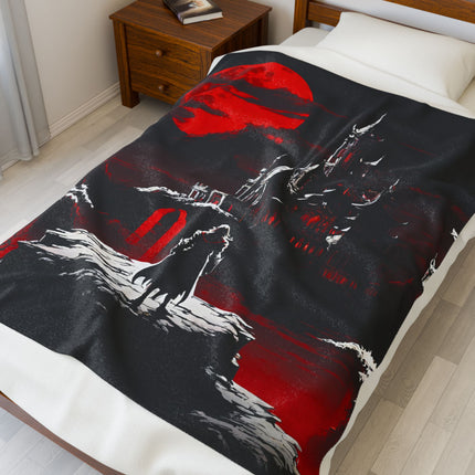 STANDING AT THE PRECIPICE OF EVIL Retro Vampire Castle Blanket - Vintage Video Game Inspired Throw