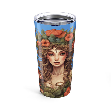 Flower Fantasy Maiden Girl Tumbler, Mushroom Flowered Garden Princess Fairy Travel Cup, Mystical Beauty Office Drink Holder
