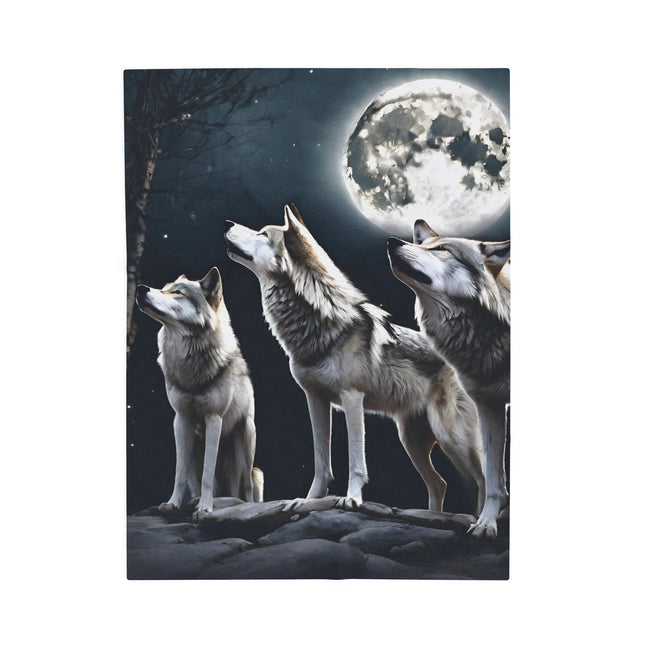 Moon Wolves Blanket | Night Sky Mountain Wolf Pack Bed Throw | Starry Dark Full Lunar Gift | Wooded Wild Dogs Bedroom Light Warm Comforter