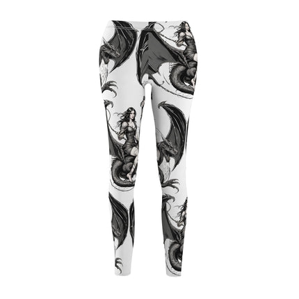 Women's Goth Medieval Dragon Casual Leggings, Reptile Riding Beauty Elastic Bottoms, Tight Black and White Pants