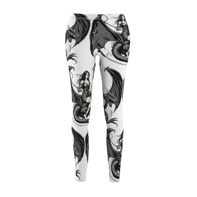 Women's Goth Medieval Dragon Casual Leggings, Reptile Riding Beauty Elastic Bottoms, Tight Black and White Pants