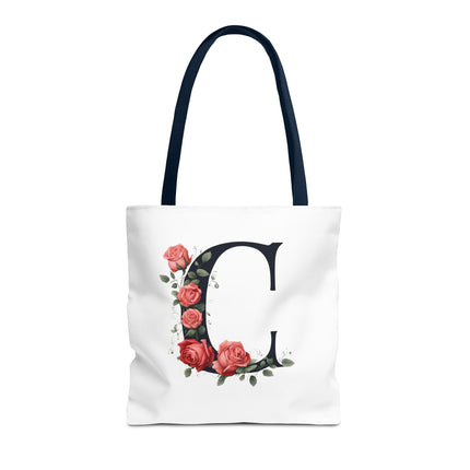 Custom Letter Personalized Tote | Rose Flowered Grocery Travel Bag | Floral Print Roses Office Laptop & Books or Exercise Overnight Carrier
