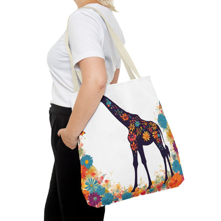 Giraffe Lovers Tote | Floral Safari Animal Grocery Bag | African Savanna Office Travel Carrier | Flower Collage Forest Cotton Traveler