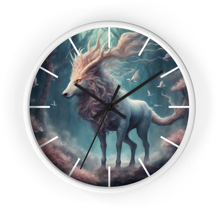 Majestic Myths Art Clock | Floral Flower Forest Horned Horse Wall Hanging | Mystical Maned Goat Fantasy Home Office Decor Gift