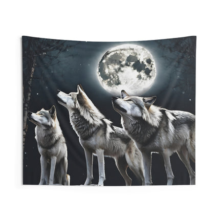 Moon Wolves Wall Decor | Night Sky Mountain Wolf Pack Tapestry | Starry Dark Full Lunar Gift | Wooded Wild Dogs Game & Bedroom Wall Hanging