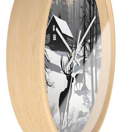 HUNTING CABIN Wall Clock - Winter Deer Scene Rustic Lodge Decor