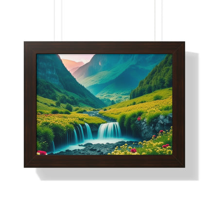 Beautiful Mountain Valley Framed Poster, Waterfall Nature Scene Picture, Flower Blossom Spring Wall Hanging, Flowing River Office Scenery