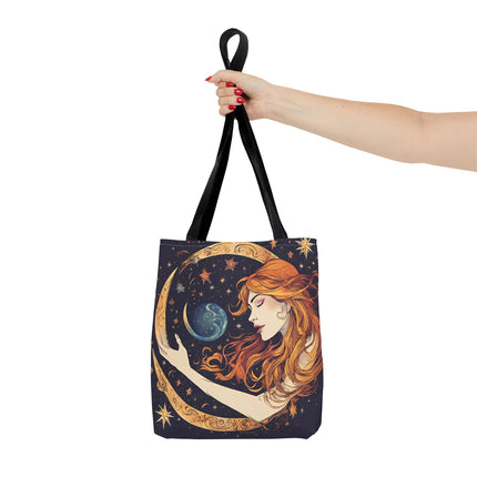 Moon Shaping Goddess Tote | Lunar Stars & Space Astronomy Grocery Bag | Woman Morphing Home Office Laptop Clothing Travel Overnight Gift