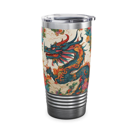 Dragon Tumbler | Japanese Flower Pattern Drink Companion | Floral Japan Insulated Travel Mug | Exercise Office College Road Trip Coffee Gift